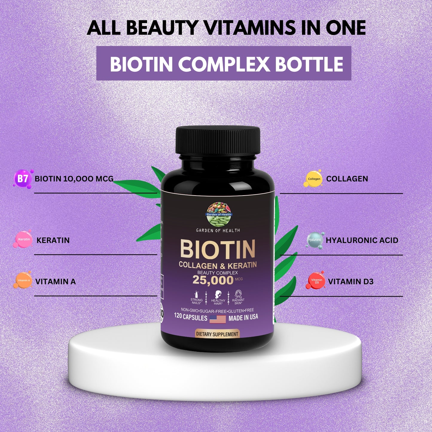 Biotin 25,000 mcg Beauty Complex with Collagen & Keratin – Hair, Skin & Nails Support (120 Capsules)