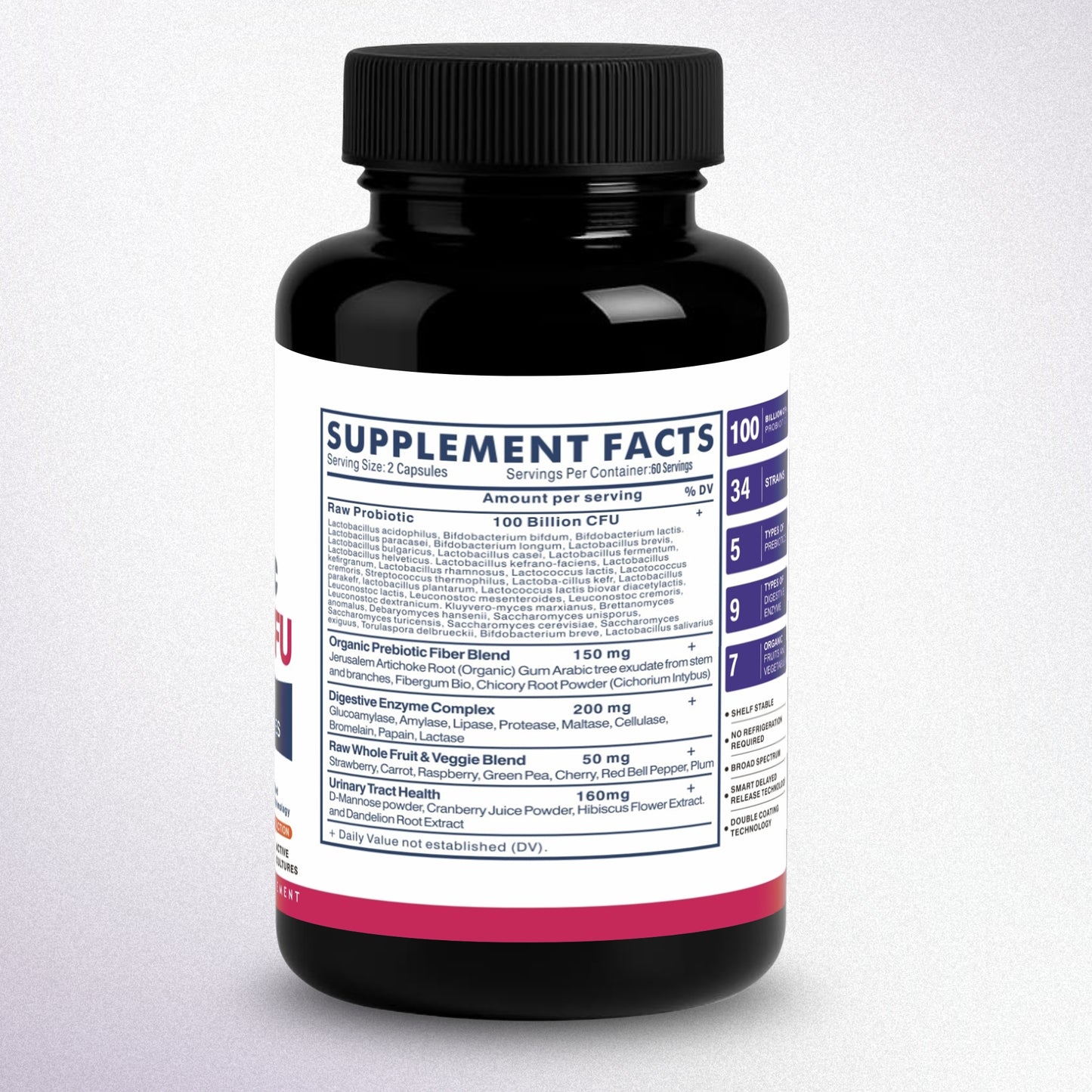 Women’s Raw Probiotic 100 Billion CFU – 34 Strains with Prebiotics & Enzymes (120 Capsules)