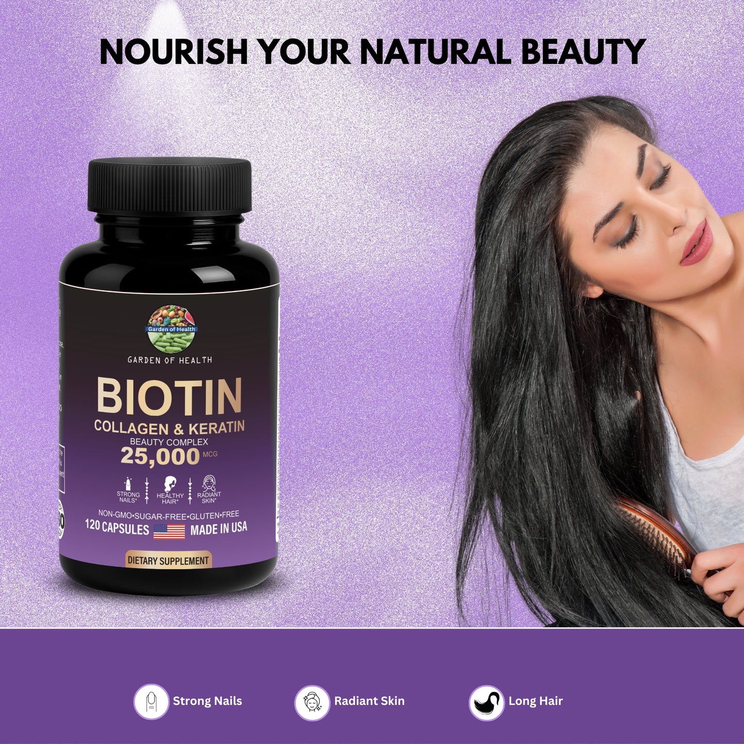 Biotin 25,000 mcg Beauty Complex with Collagen & Keratin – Hair, Skin & Nails Support (120 Capsules)