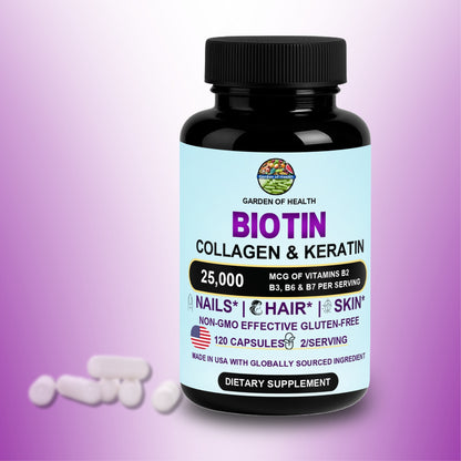 Biotin 25,000 mcg with Collagen & Keratin – Hair, Skin & Nails Support (120 Capsules)