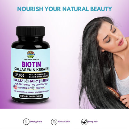 Biotin 25,000 mcg with Collagen & Keratin – Hair, Skin & Nails Support (120 Capsules)