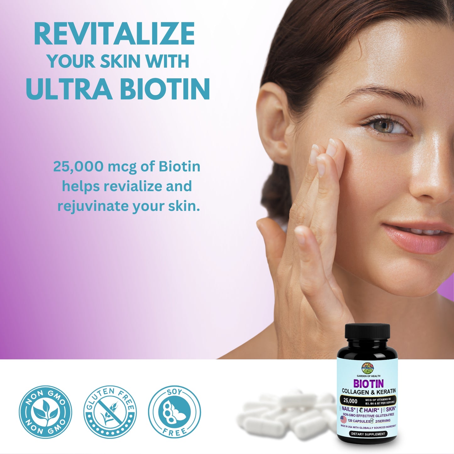 Biotin 25,000 mcg with Collagen & Keratin – Hair, Skin & Nails Support (120 Capsules)