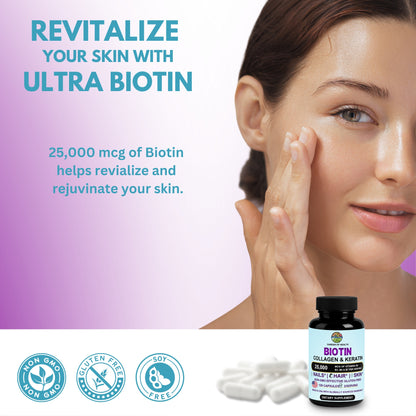Biotin 25,000 mcg with Collagen & Keratin – Hair, Skin & Nails Support (120 Capsules)