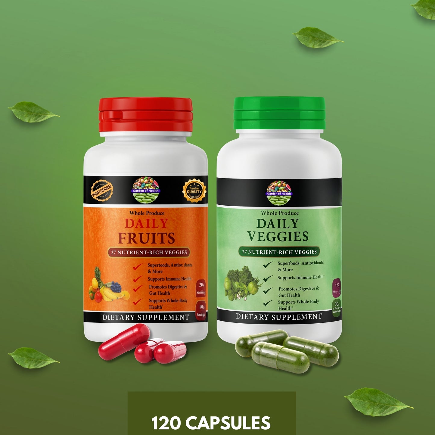 Daily Fruits & Daily Veggies Whole Produce Capsules – Complete Whole Food Nutrition (120 Capsules Each)