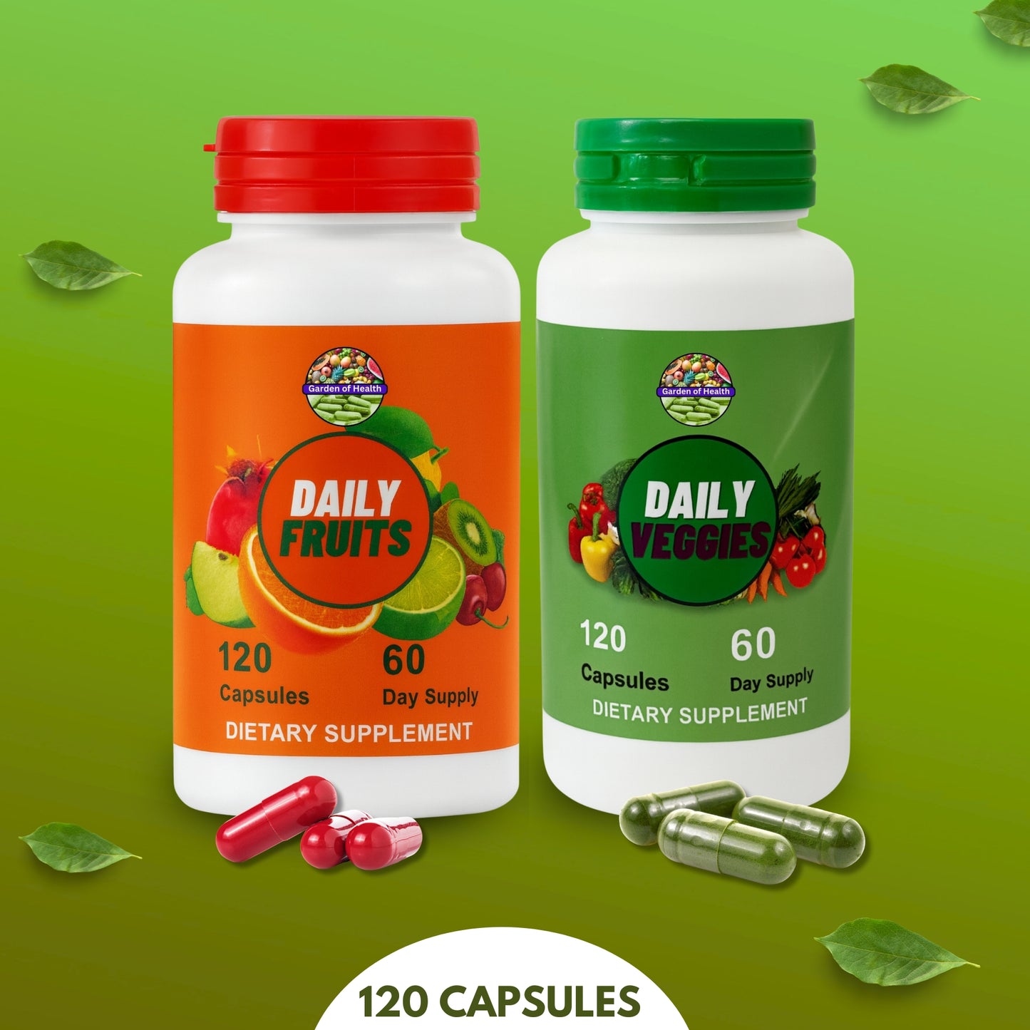 Daily Fruits & Daily Veggies Capsules – 60-Day Whole Food Nutrition Supply (120 Capsules Each)