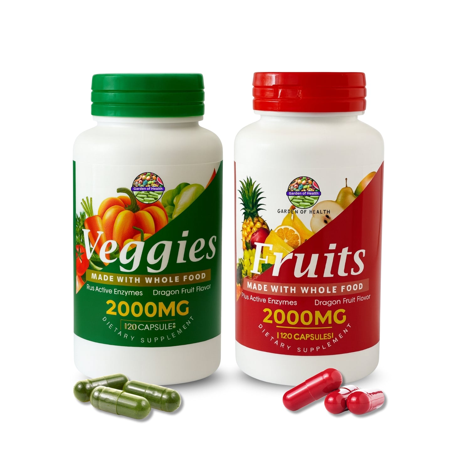 Fruits & Veggies Whole Food Capsules 2000 mg – Daily Superfood Blend with Enzymes (120 Capsules Each)