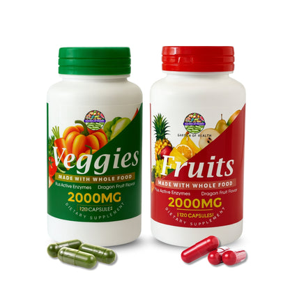 Fruits & Veggies Whole Food Capsules 2000 mg – Daily Superfood Blend with Enzymes (120 Capsules Each)
