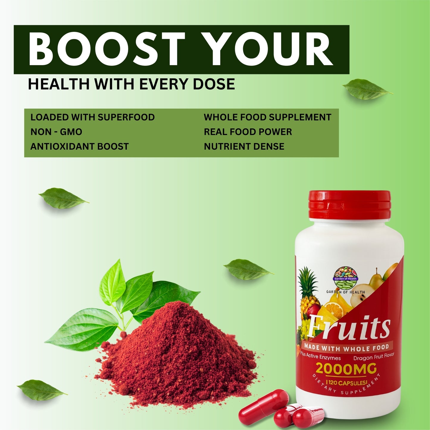 Fruits & Veggies Whole Food Capsules 2000 mg – Daily Superfood Blend with Enzymes (120 Capsules Each)